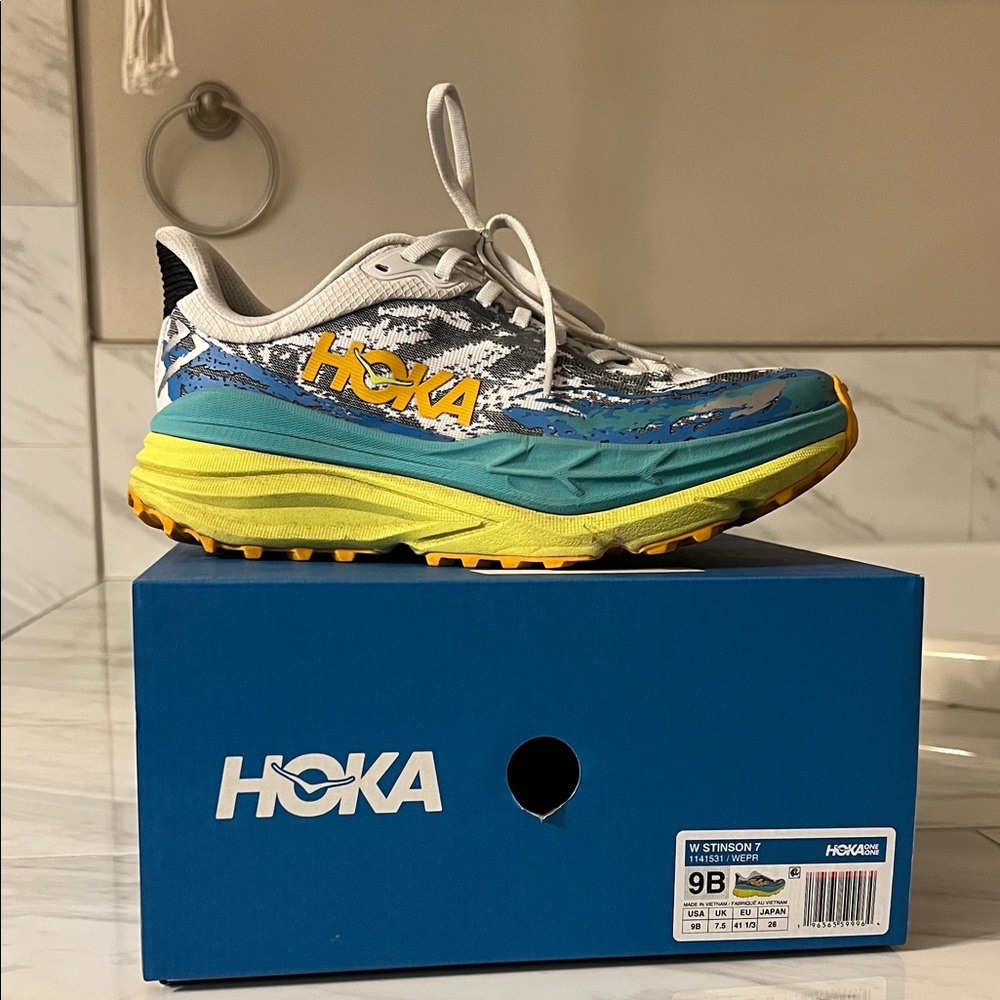 Hoka women Stinson 7 Sneakers - Blue, Yellow, and White